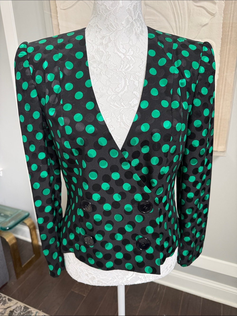Vintage 80s Albert Nipon 100% Silk Polka Dot Blazer Jacket Green Black Size 2